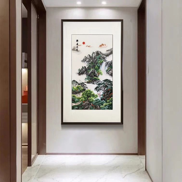 新中式苏绣挂画成品刺绣实木框壁画入户玄关走廊装饰画竖款单幅