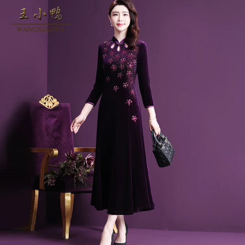 王小鸭W-YNQ-3919X连衣裙正品春秋新款韩版流行修身烫钻丝绒长裙