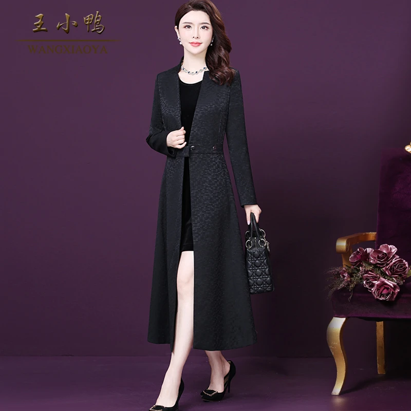 王小鸭W-XY-2106Z春新款黑色气质英伦风修身长款过膝流行气质优雅