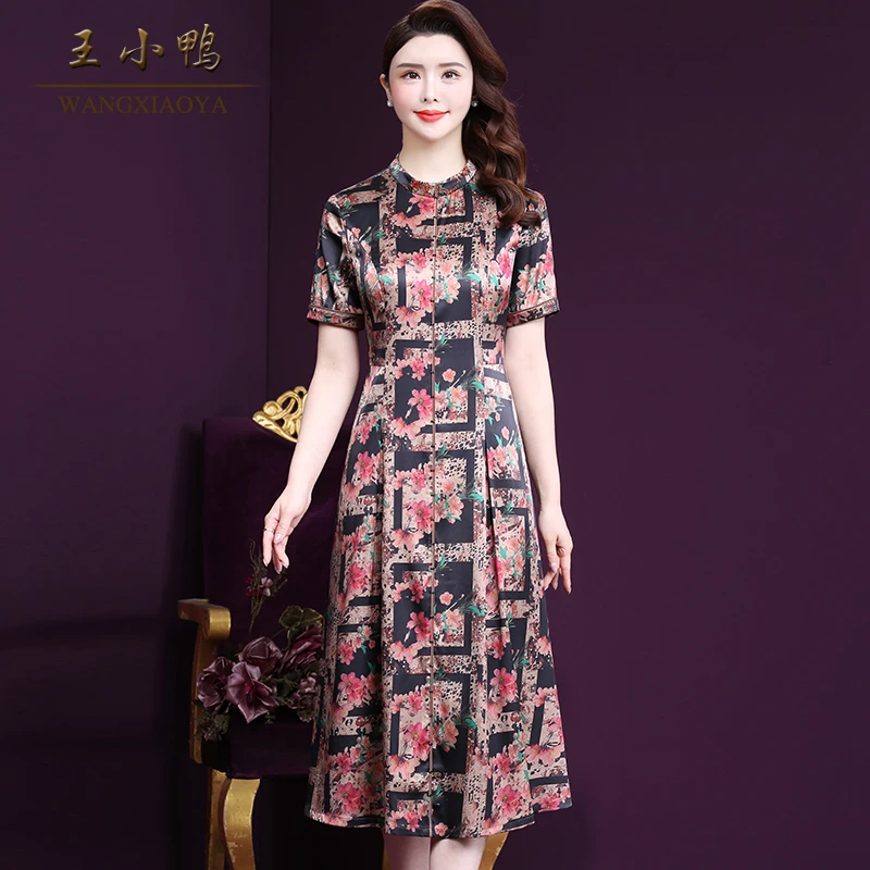 王小鸭W-YS-2807Y连衣裙2023夏季新款复古时尚设计感印花妈妈裙女