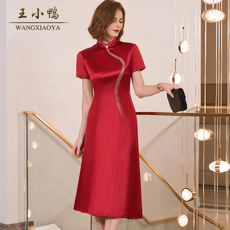 王小鸭正品春季新款连衣裙女红色气质旗袍裙复古修身淑女裙轻奢