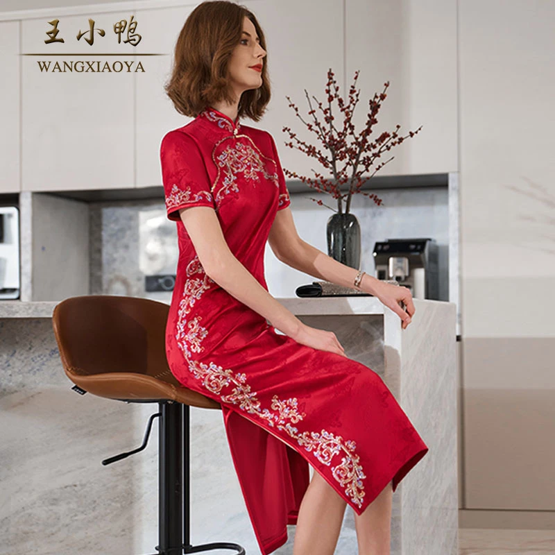 王小鸭旗袍裙正品春夏新款红色连衣裙女时尚优雅醋酸礼服裙轻奢