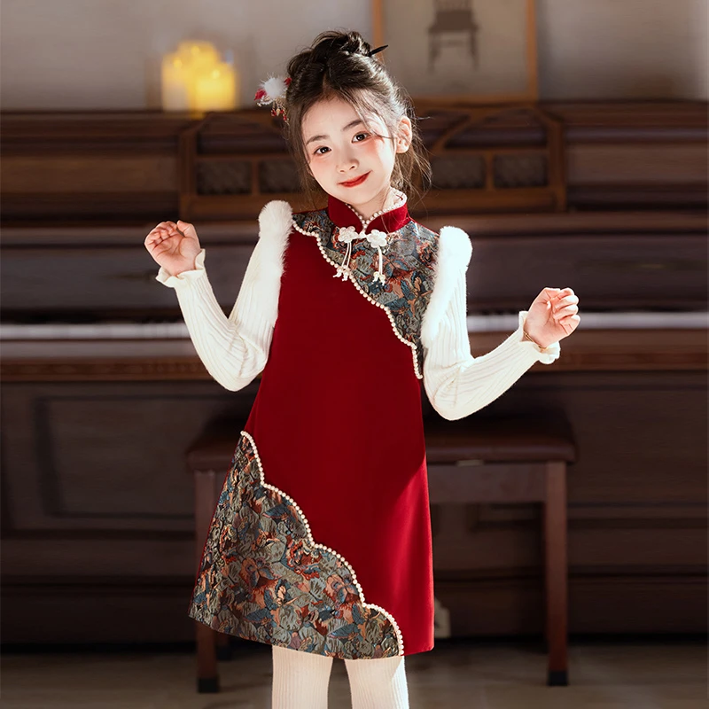 女童旗袍裙子秋冬季红色喜庆过年服中国风拜年服儿童古风汉服礼服