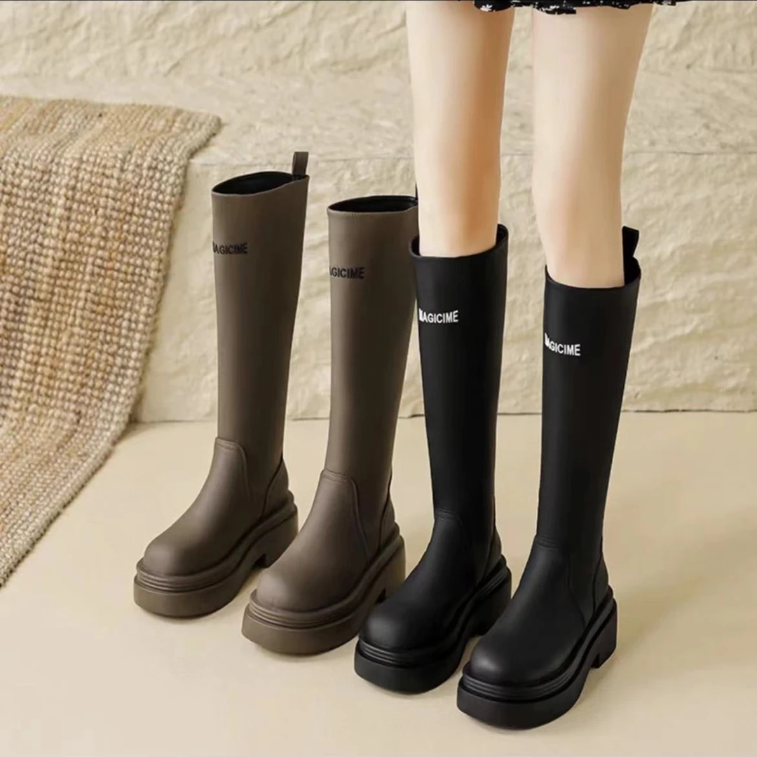 欧货高筒弹力靴2023新款英伦风增高厚底一脚蹬女靴时髦短筒靴2310