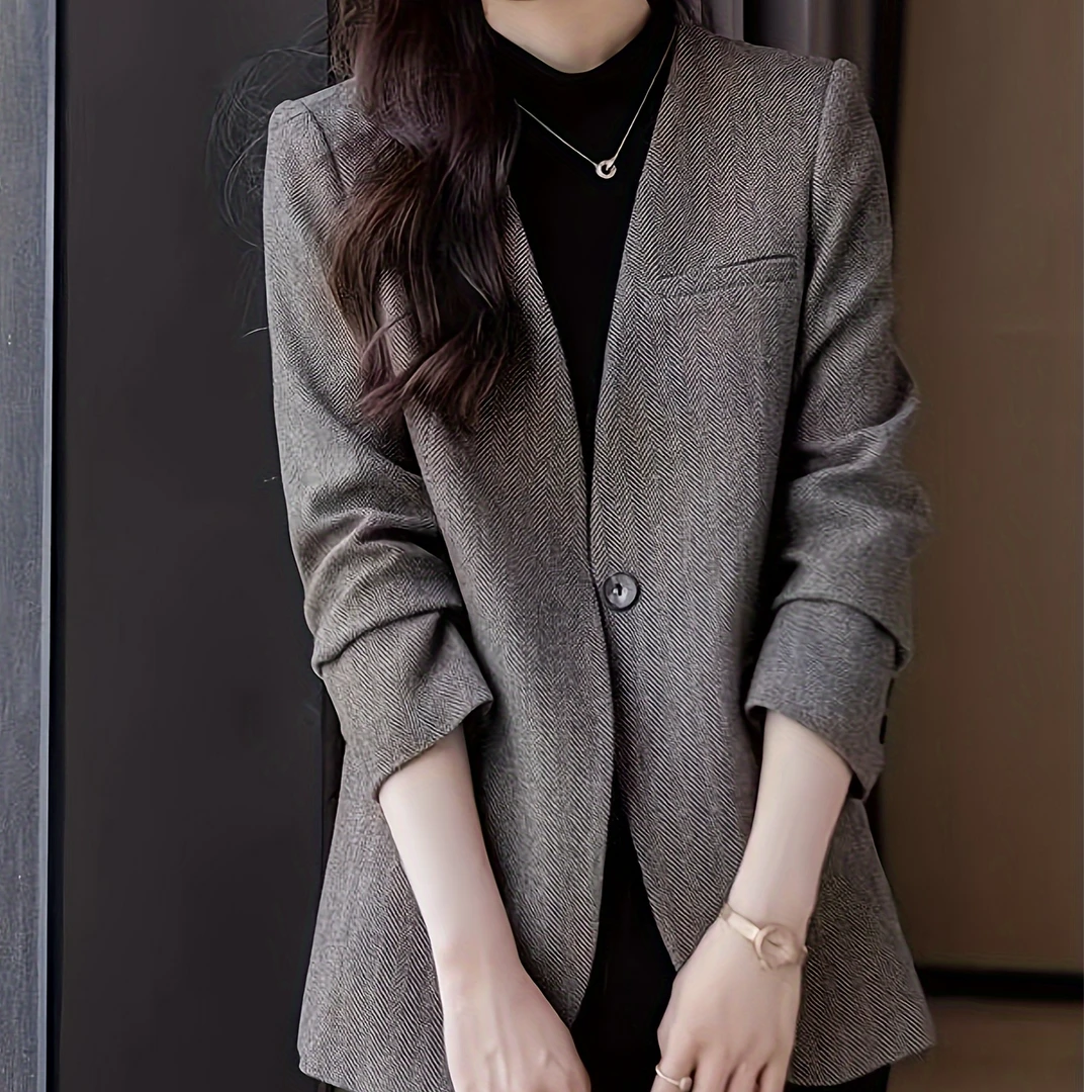6199灰色无领西装外套女2025秋新款职业通勤女装高级感小西服上衣