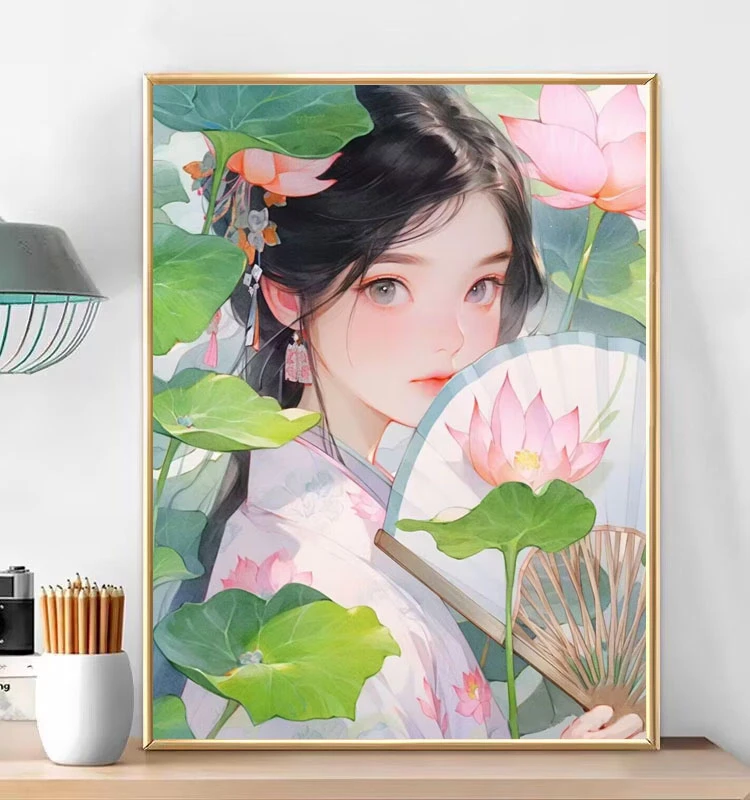 裸包无针无工具 芙蕖姑娘十字绣 金丝布荷花古风女孩可爱