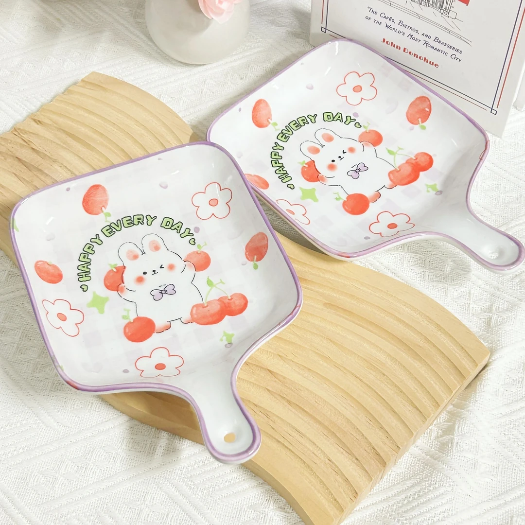 【2只装】紫色手柄盘高颜值创意餐具加厚防烫双耳盘菜盘卡通家用盘