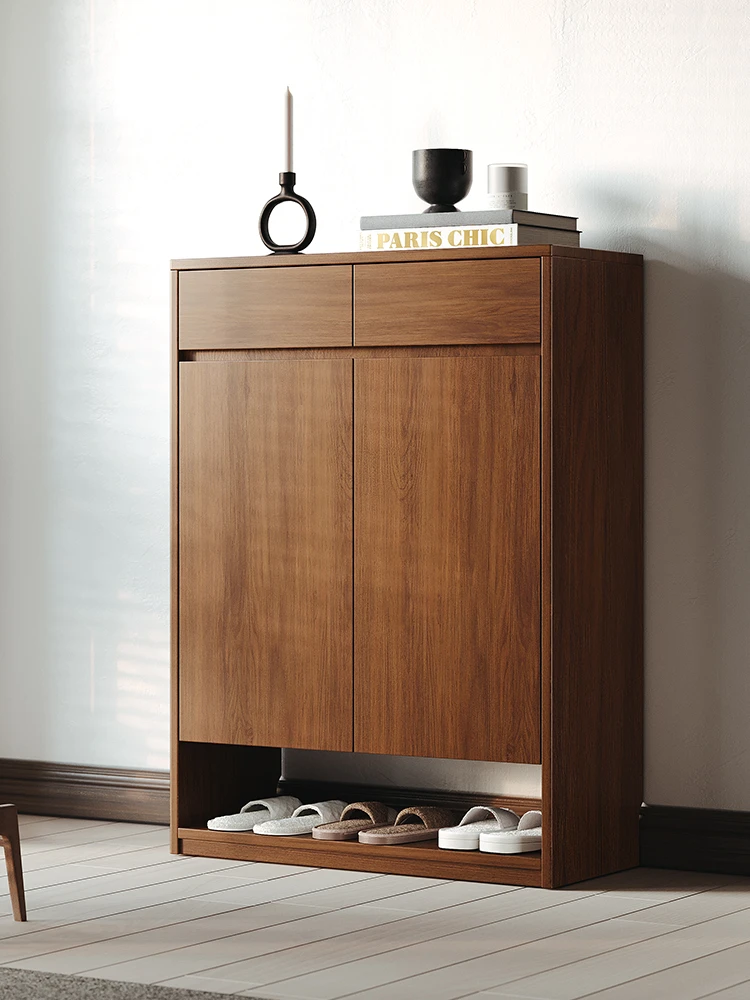 全实木橡木入户鞋柜门口家用大容量进门一体靠墙胡桃色中式收纳柜