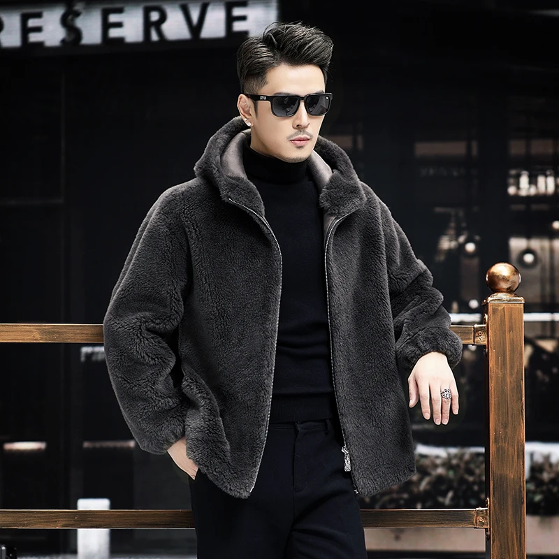 两面穿男装新款100%真羊毛羊剪绒大衣真毛一体保暖外套连帽厚冬季