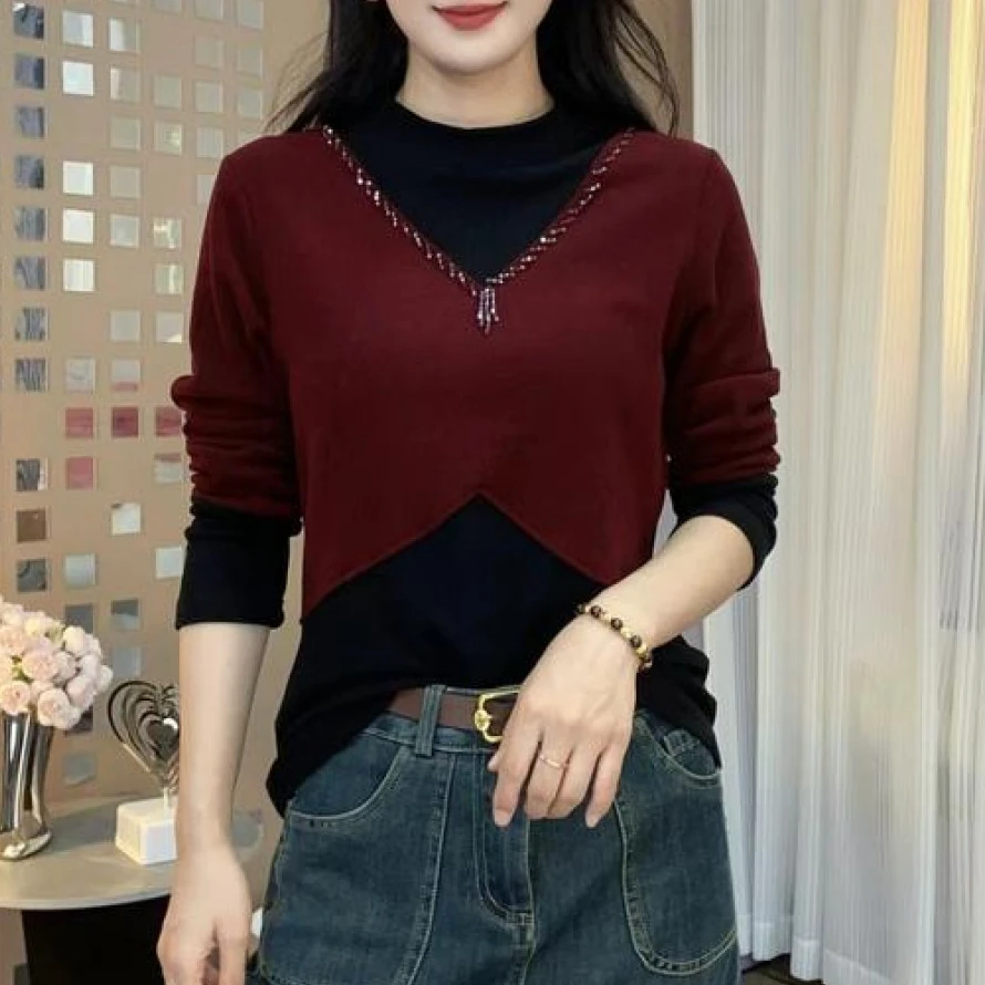 早秋新款圆领拼接烫钻精品双面绒百搭气质洋气时尚显瘦长袖小衫