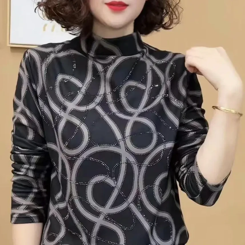2024秋冬季新品上新洋气百搭半高领烫钻长袖打底衫上衣时尚修身