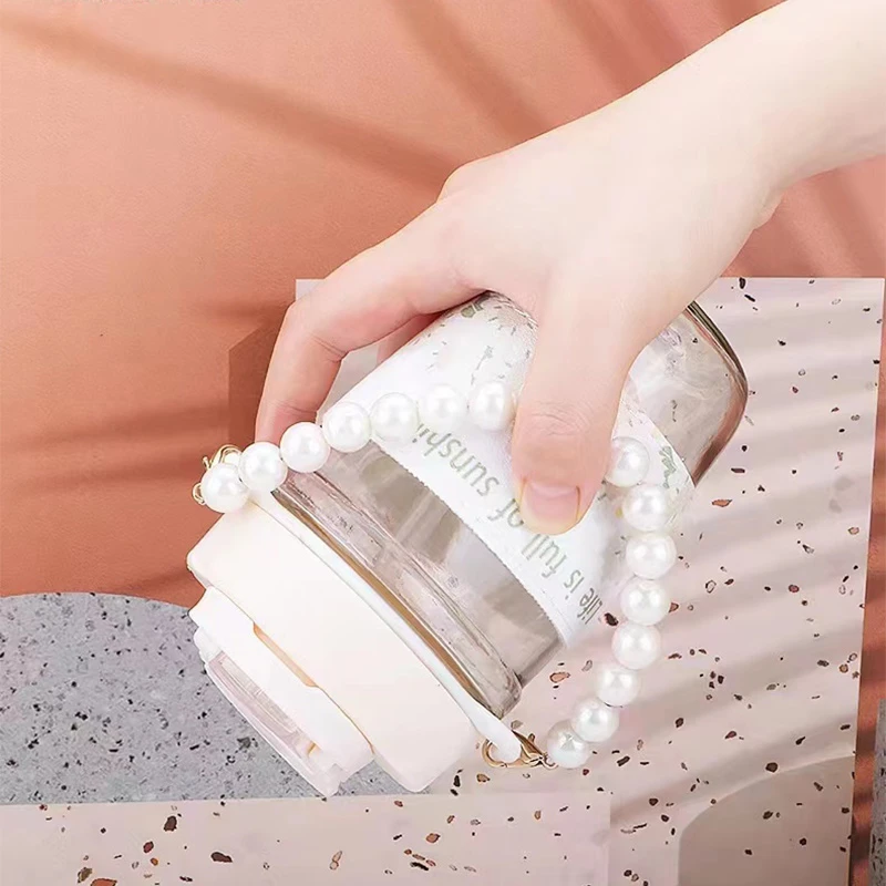 高颜值珍珠手提双饮杯实用玻璃链条水杯女生生日礼物【破损包赔】