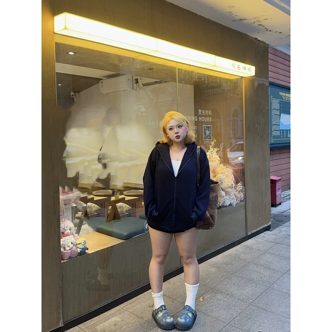 全球花【韩系少女】秋冬大码连帽卫衣宽松显瘦加绒拉链开衫外套女