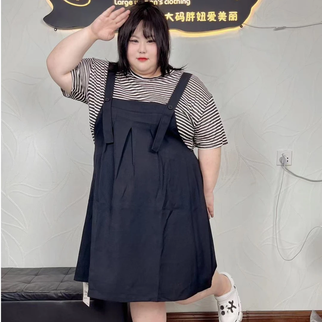 胖妹妹显瘦连衣裙背带夏季时尚气质韩版减龄网红条纹百搭休闲春夏