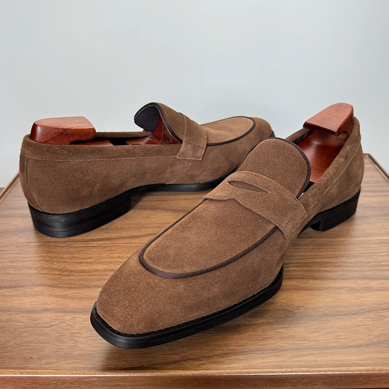 英伦风方头乐福鞋男款夏季吸烟鞋透气休闲复古棕色一脚蹬皮鞋真皮