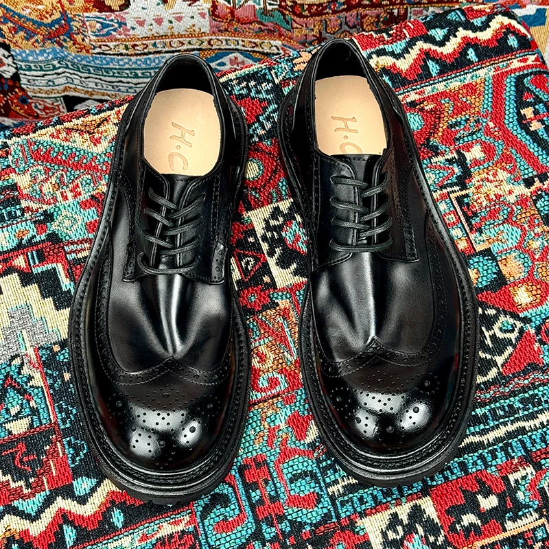 高档重水洗真皮大底固特异马皮鞋男油蜡质感意式雕花德比鞋厚底鞋