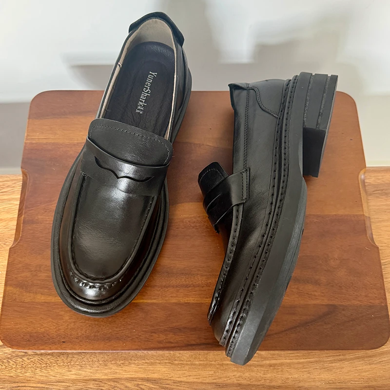 日系圆头乐福鞋男士舒适厚底增高4cm休闲男皮鞋软底一脚蹬懒人鞋