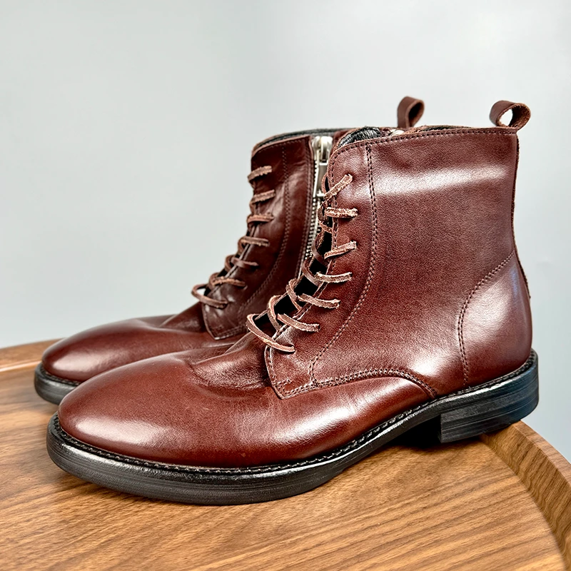 英伦真皮棕色马丁靴男款意大利重水洗马皮短靴男士高帮皮鞋手工鞋