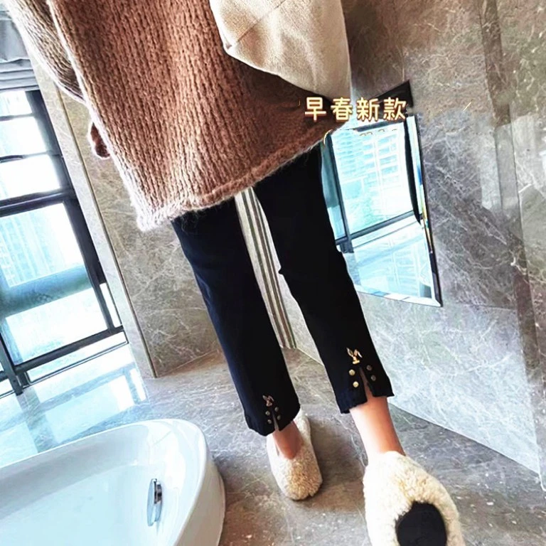 高腰直筒牛仔裤女小个子八分裤显瘦显高后开叉弹力烟管裤1145