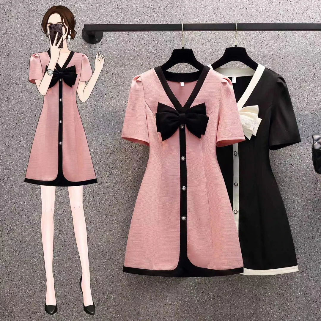 大码女装2024年夏装新款胖妹妹韩版修身收腰显瘦V领蝴蝶结连衣裙