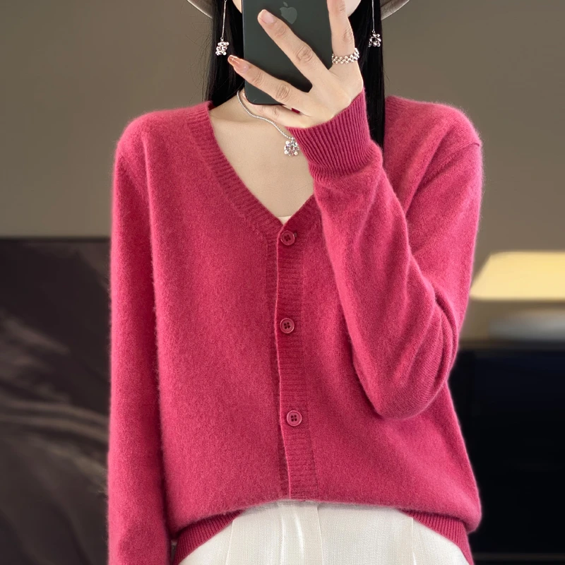 新款   V领春针织开衫女显瘦百搭纯色毛衣宽松外套外搭上衣