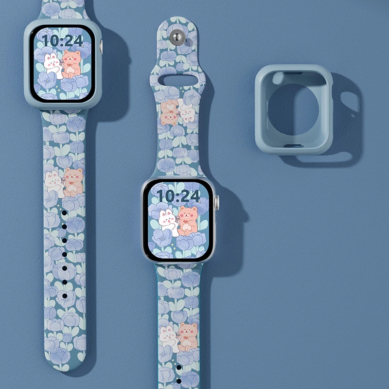 适用苹果手表表带S8新款applewatch7/6/5/4新款彩印硅胶腕带男女