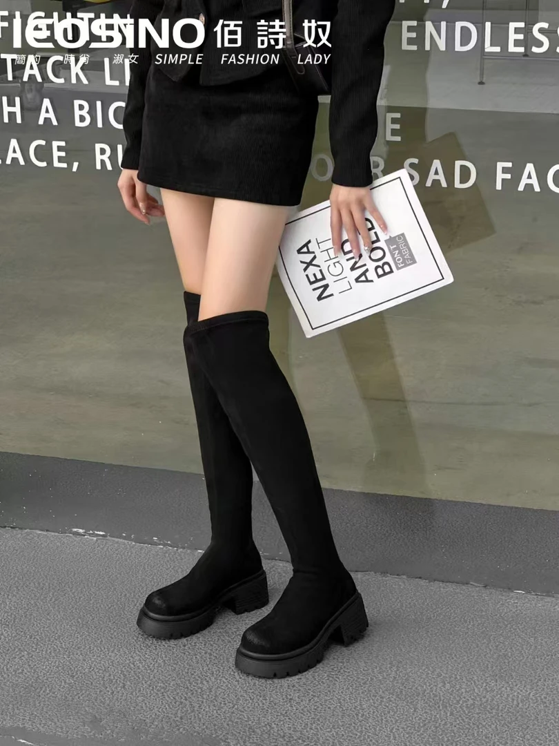 453426617佰诗奴2024新款冬季女厚底骑士靴弹力瘦瘦过膝靴