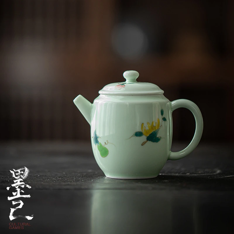 碧色釉 手绘佛手瓜陶瓷茶壶 功夫茶具小清新手执壶 釉下彩家用