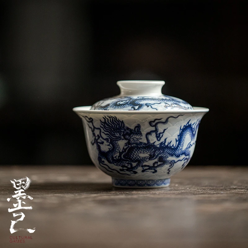 仿古胎青花釉下彩龙纹盖碗 复古茶具泡茶碗大号 茶室家用碗纯手工