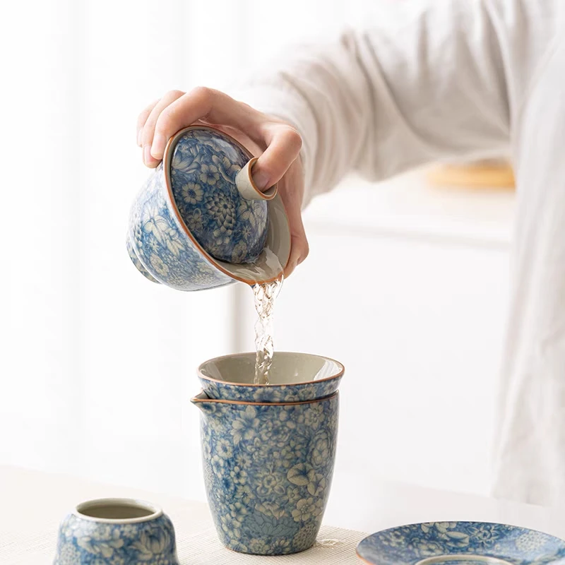 老陶泥仿古青花三才盖碗手工茶杯功夫茶具单个高档家用陶瓷泡茶碗