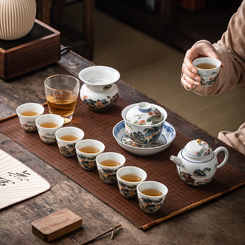 96号陶瓷功夫茶具套装家用山水楼阁盖碗茶杯茶壶中式高档轻奢礼盒