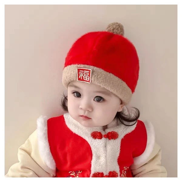 婴儿帽子秋冬地主帽男宝宝可爱超萌红色周岁新年加厚保暖瓜皮帽DY