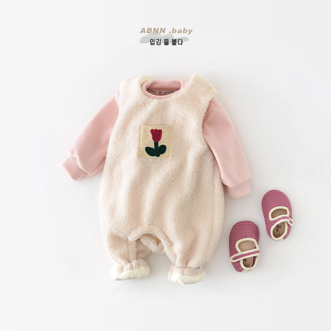 婴儿连体衣秋冬女宝宝加绒加厚毛毛爬服女童圆领一体绒打底上衣YJ
