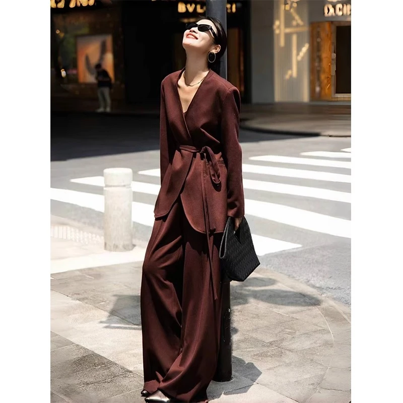 法式老钱风套装女春季安可拉红高端休闲无领西装外套阔腿裤两件套