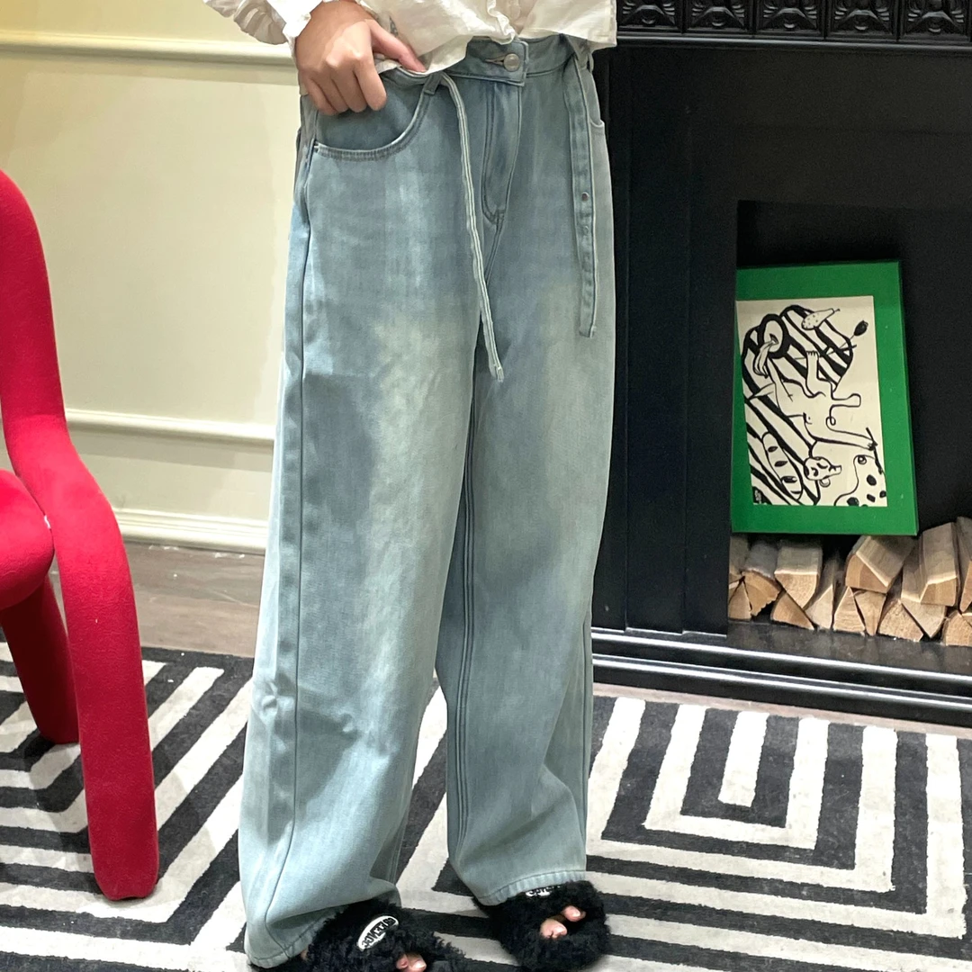 牛仔裤冬季加绒宽松蓝色保暖百搭显瘦高腰直筒休闲阔腿裤子