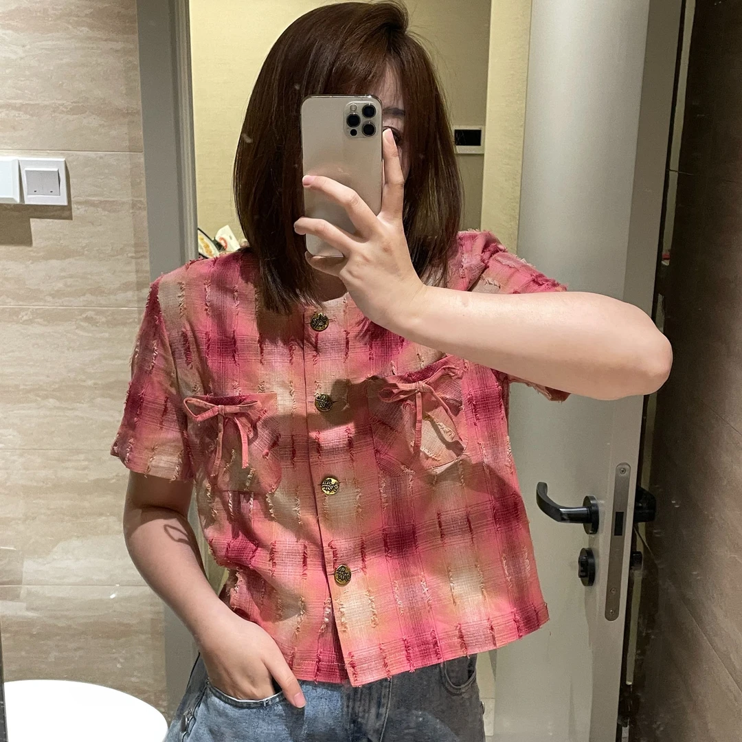 短袖小香风夏季薄款透气格纹显瘦宽松气质小众设计感短款上衣外套