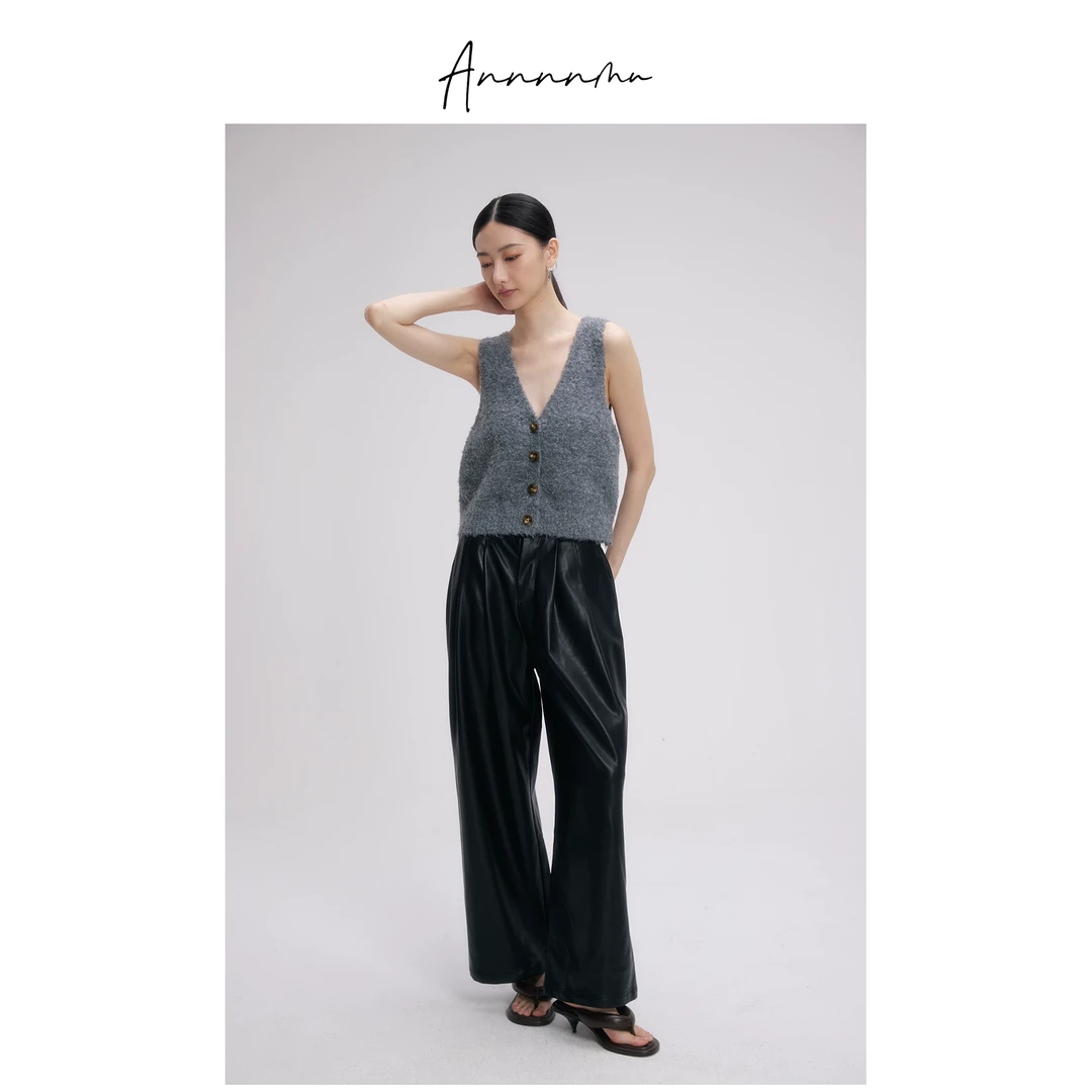 Annnnmu2024秋冬季pu皮阔腿裤高级感女士高腰显瘦