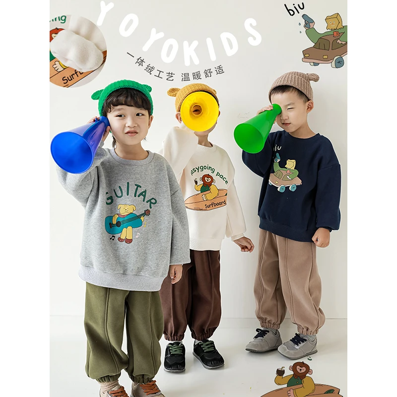 幼悠儿童休闲卡通加绒印花卫衣冬季罗纹落肩圆领保暖上衣潮 N2902