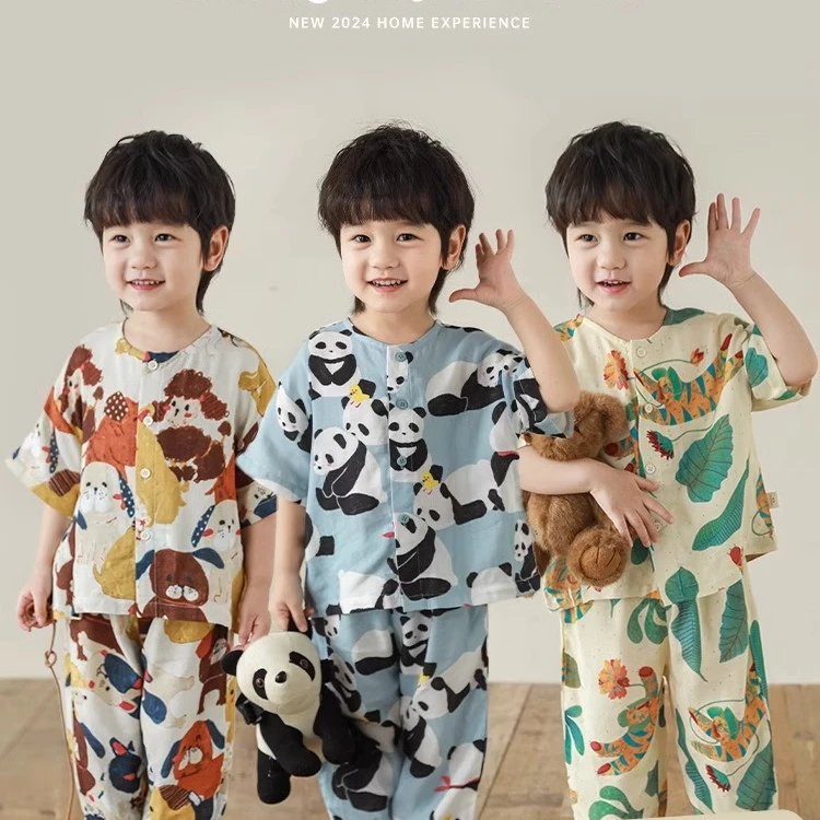 幼悠男童短袖卡通家居服套装夏季儿童宽松轻盈柔软透气睡衣N4051