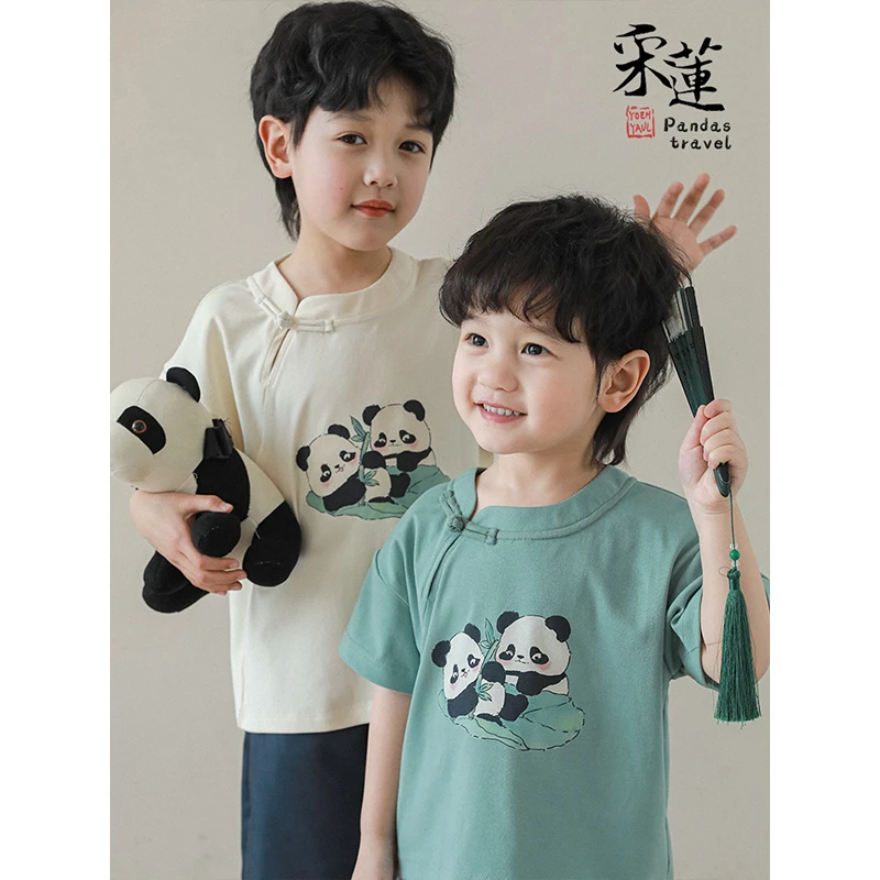 幼悠男童中国风熊猫短袖T恤夏季新中式童装儿童打底上衣潮WN0004
