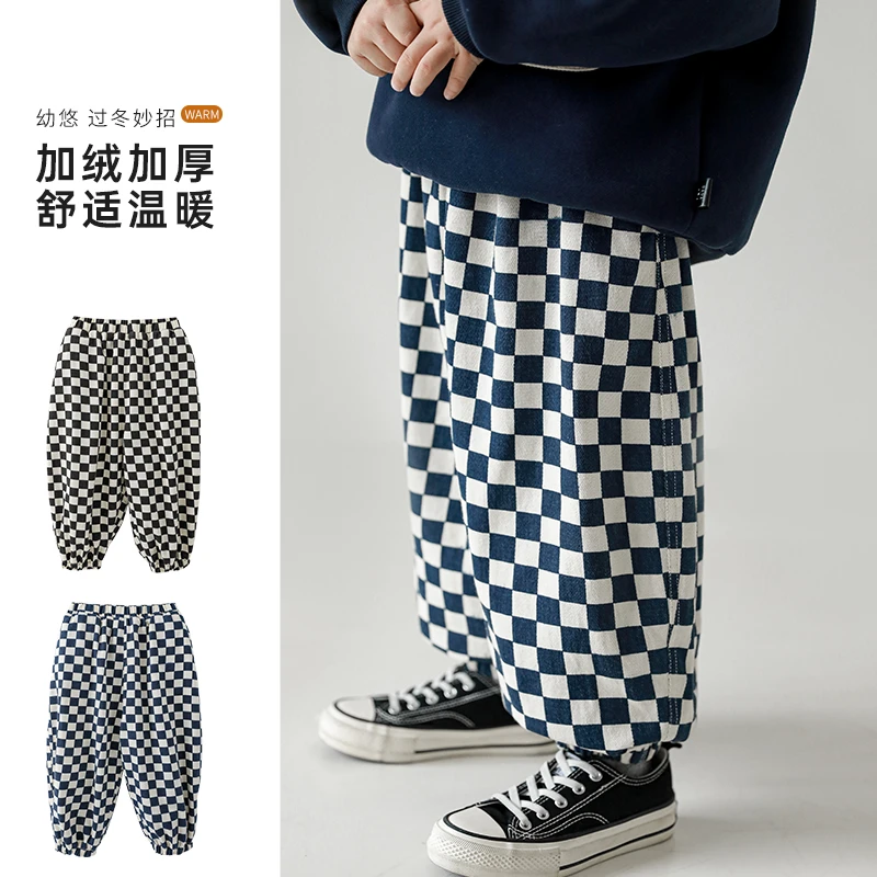 幼悠男童棋盘格加绒保暖休闲裤冬季宝宝加厚保暖束脚长裤潮 N2109