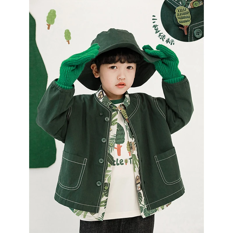 幼悠 小树外套 男童数码印花清新衬衫明线个性织带绣标 N3252