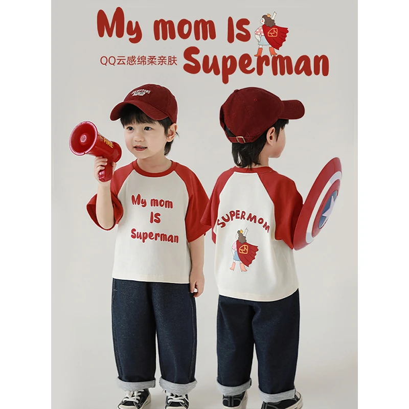 幼悠男童圆领半袖t恤宽松百搭童装妈妈超人印花汉服上衣潮WN0013