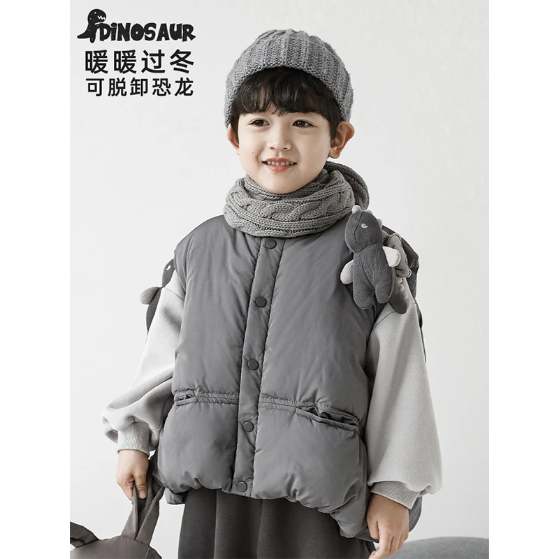幼悠男童卡通可拆卸立体恐龙玩偶秋冬款儿童单排扣保暖马甲 N2798