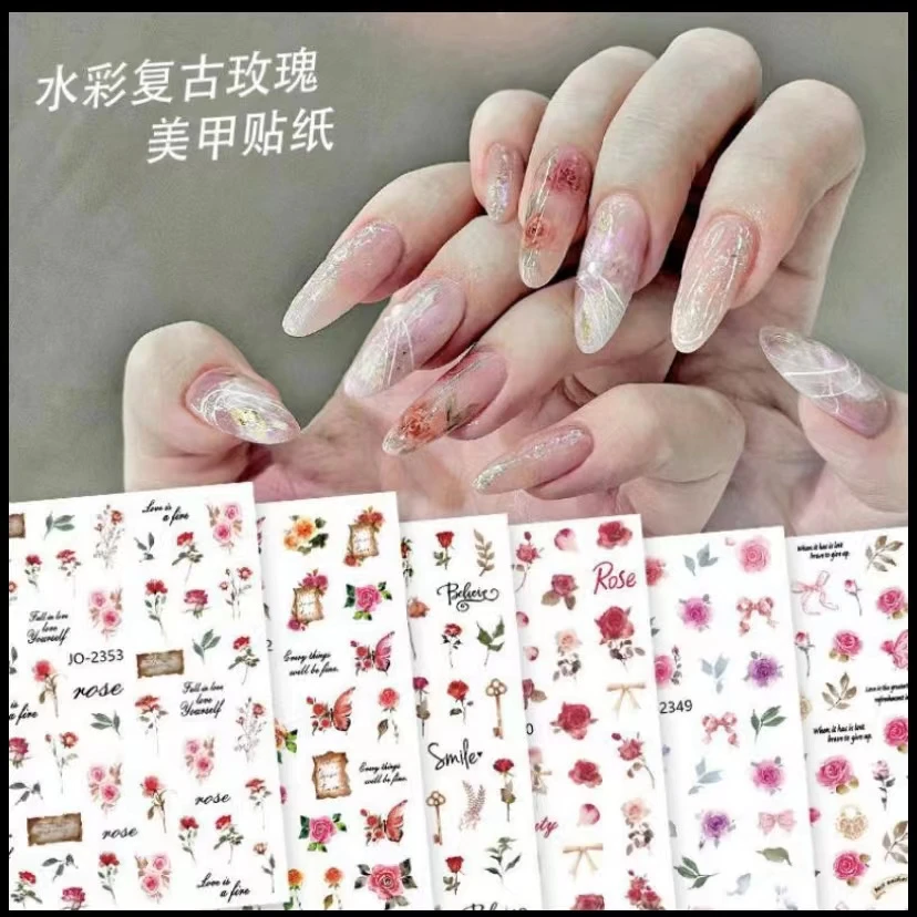美甲-- 水彩玫瑰贴纸6张