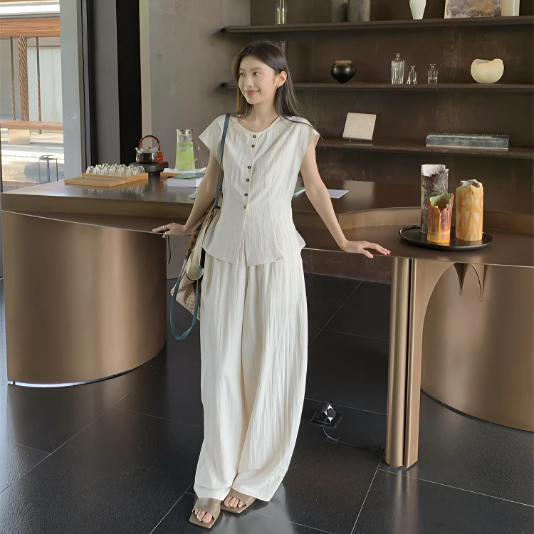 极简轻奢风纯色亚麻收腰上衣＋松紧阔腿休闲长裤女款女装套装洋气