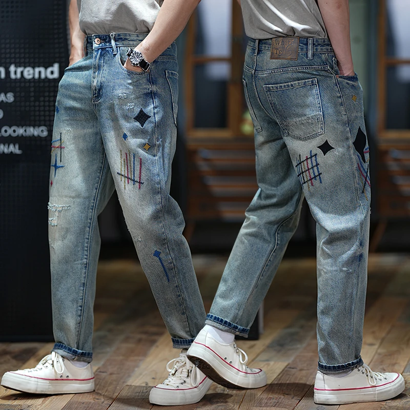 牛-9910美式破洞水洗做旧牛仔裤男士潮牌宽松直筒痞帅休闲长裤子