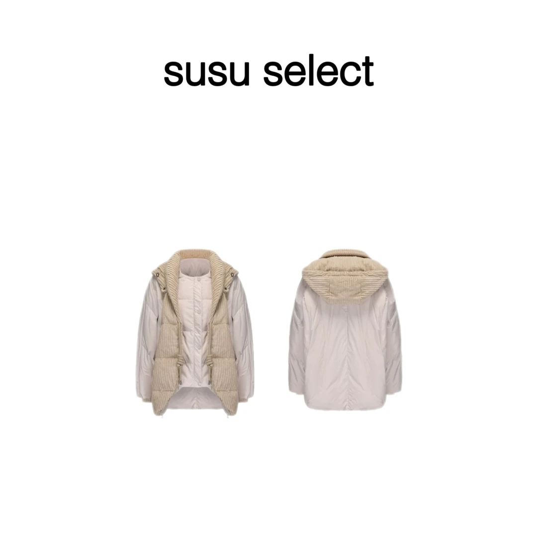 SUSU SELECT｜90白鹅绒羽绒服灯芯绒拼接假两件阔版外套女24秋冬