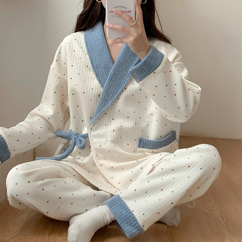 孕妇睡衣春秋冬季加厚保暖入院待产服大码产后哺乳家居空气棉套装