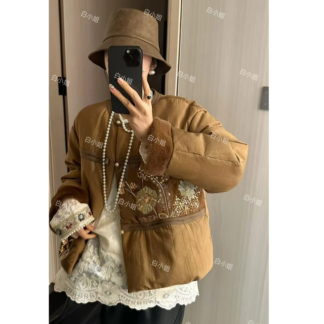 【复古迷】2024冬季新款新中式国风圆领钉珠亮片外套女